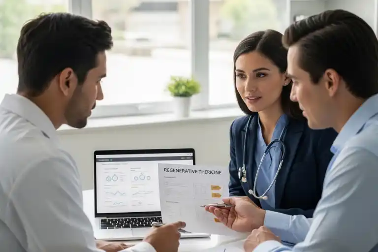 Doctor discussing regenerative medicine treatment with patient in a modern clinic office.