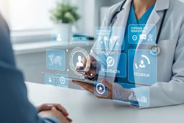 Patient and doctor discussing healthcare patient retention strategies using digital tools and targeted marketing