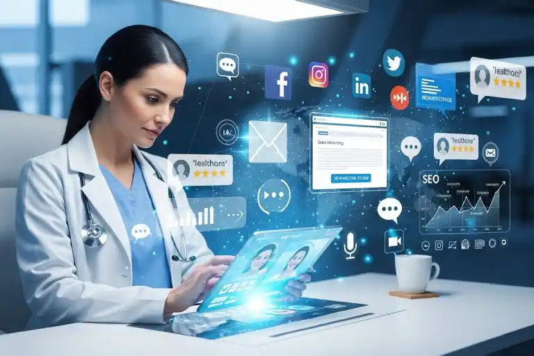 Healthcare marketing strategies including social media, SEO, telehealth, and patient engagement tools